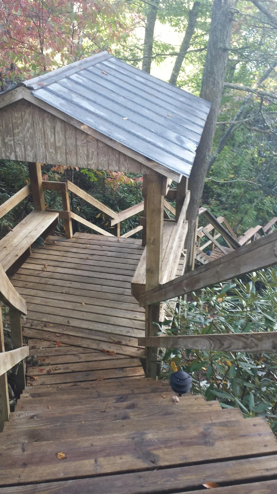 Metal roofed shelter over wooden steps on a wooded walkway — Skylight Repair & Installation work by our crew in Latrobe